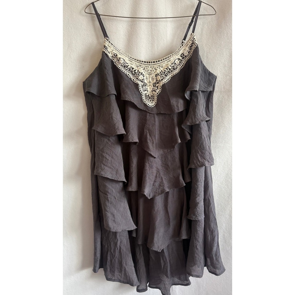 YA Los Angeles Gray Tiered Ruffle Cami Dress Crochet Lace Trim Boho Womens Large